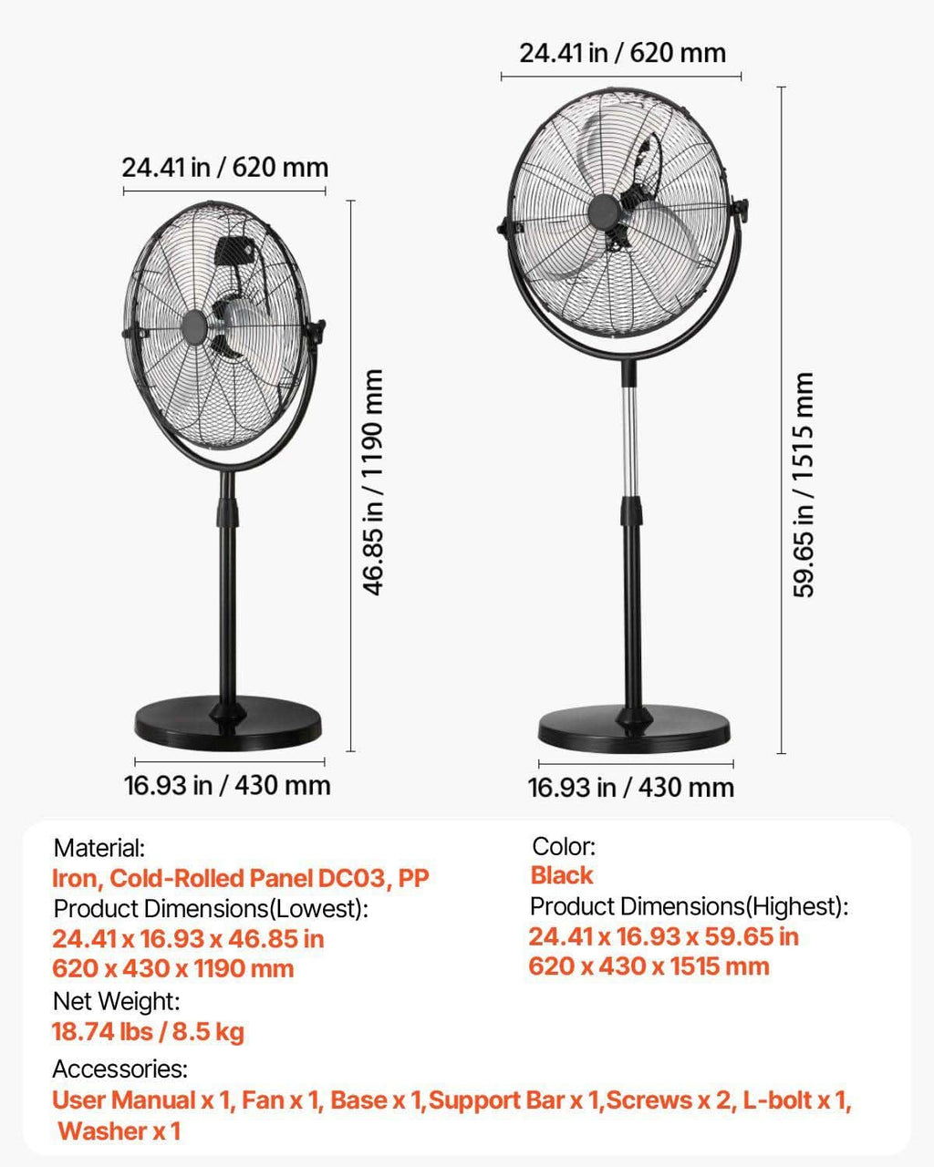 20 Inch 3 Speed Adjustable Height Pedestal Fan H873