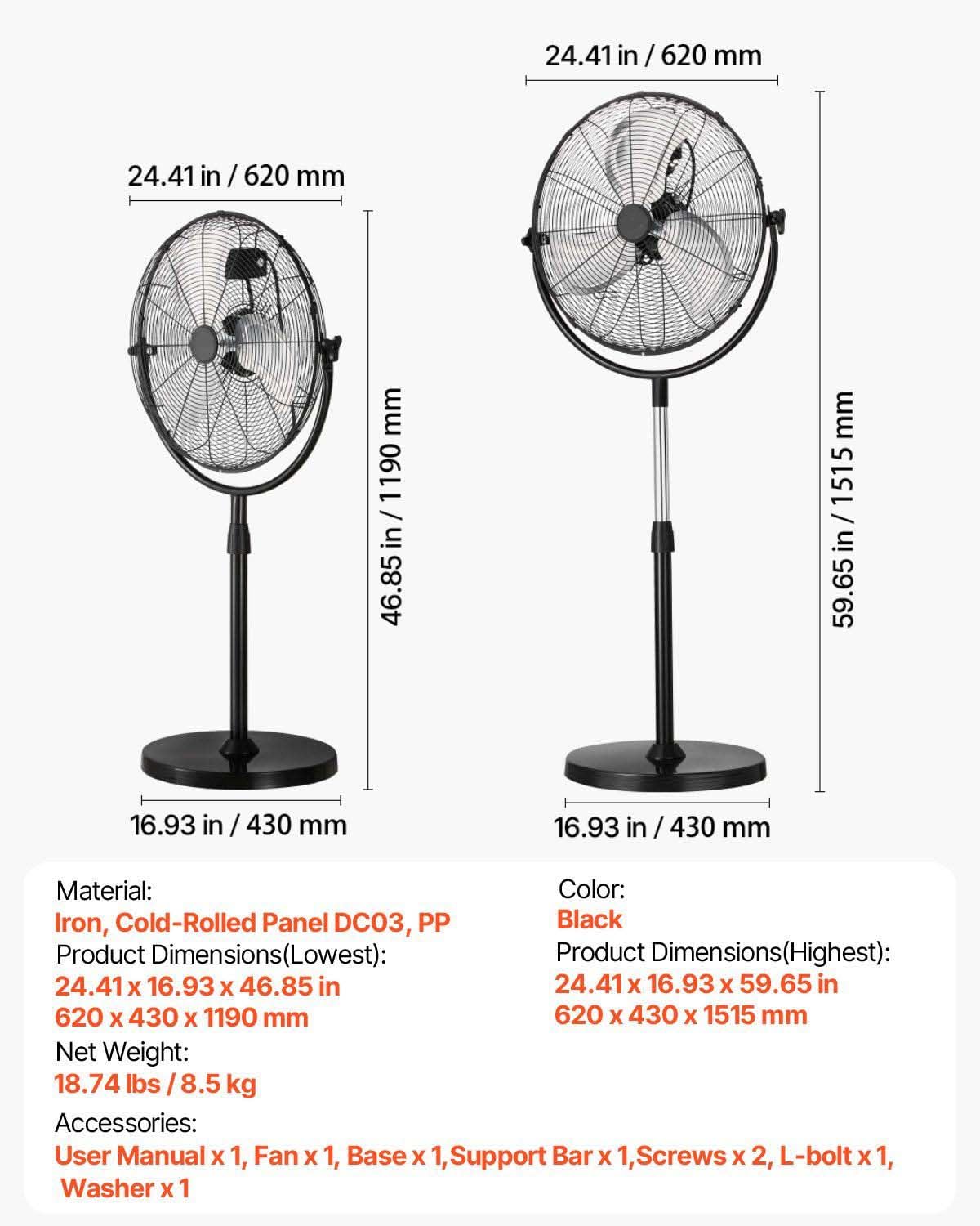 20 Inch 3 Speed Adjustable Height Pedestal Fan H873