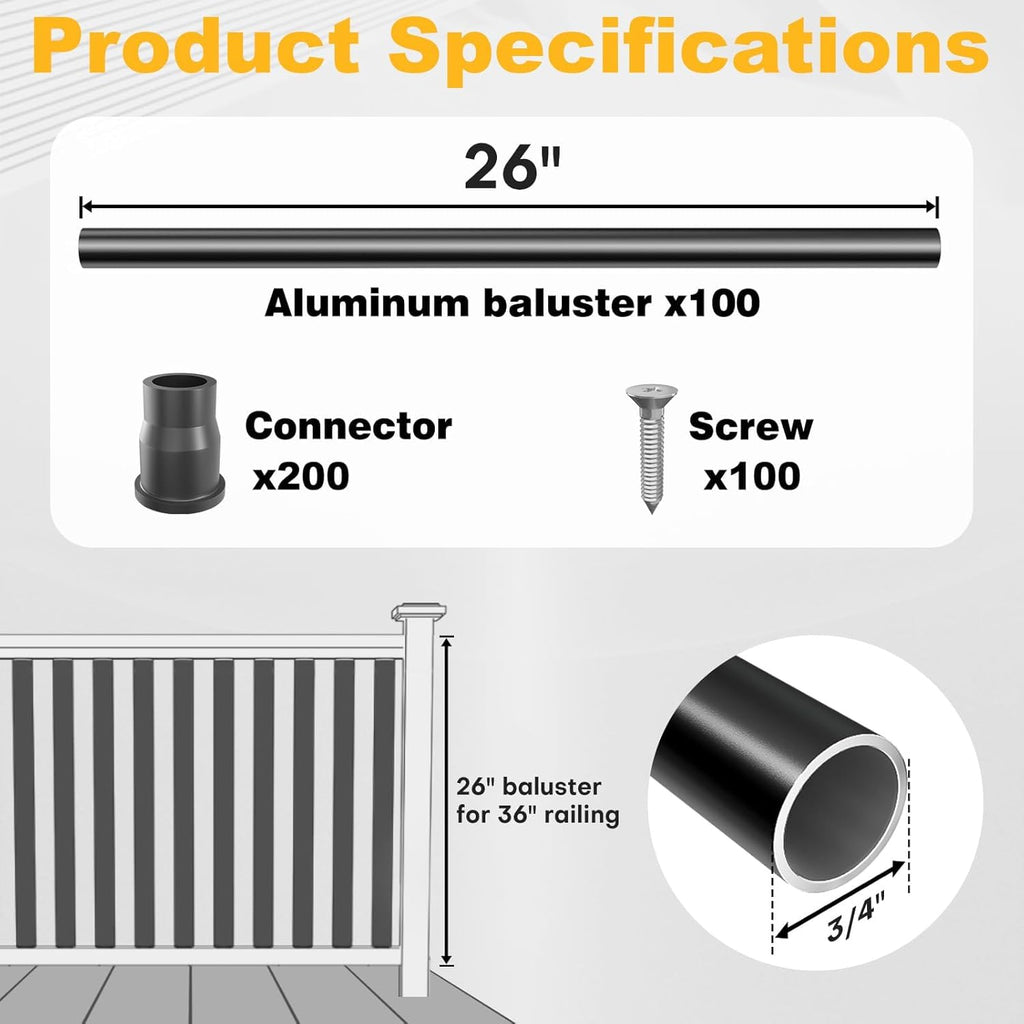 100 Pack 26" Black Aluminum Deck Balusters H8342