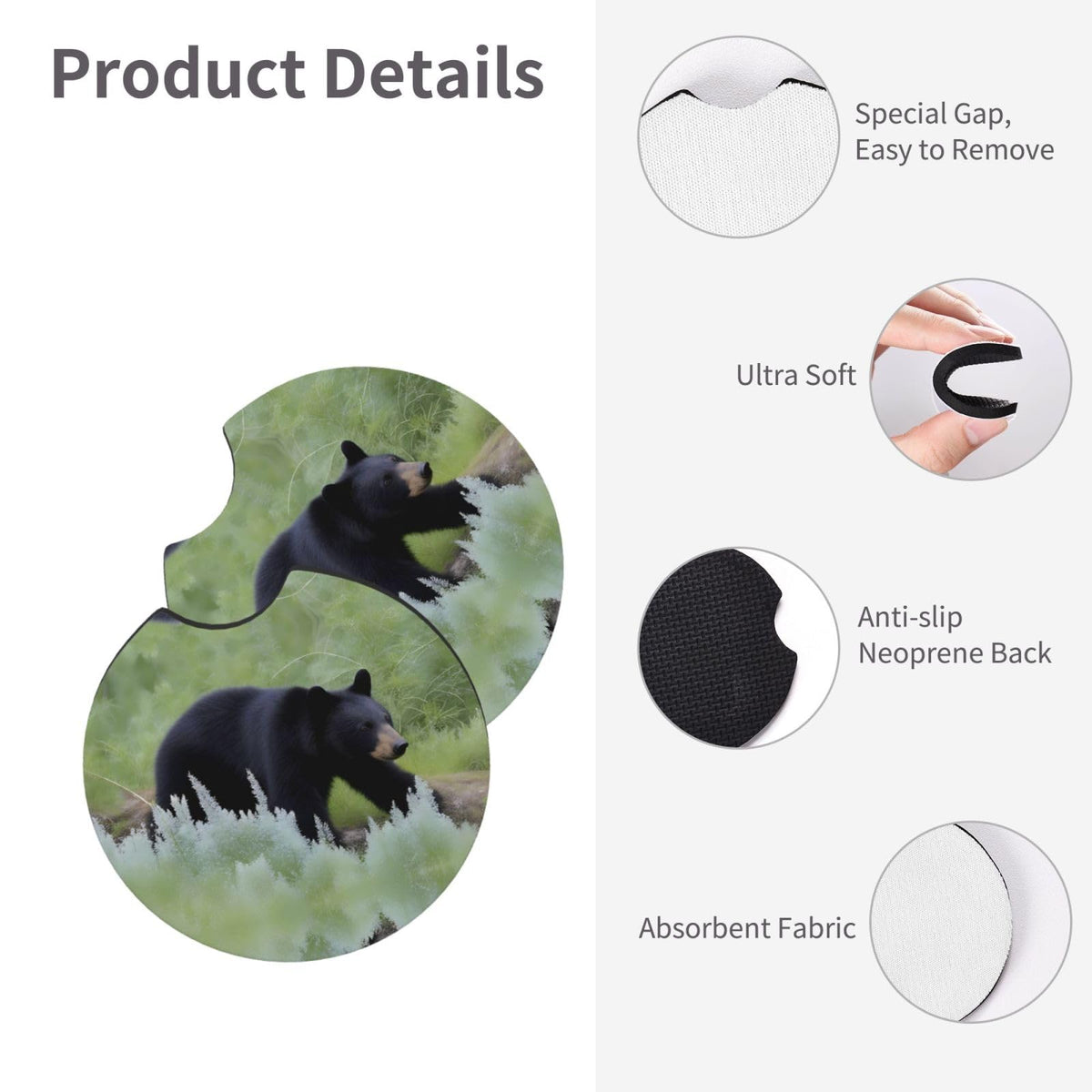 Black Bear Rubber Car Coasters Set of 2 S642078