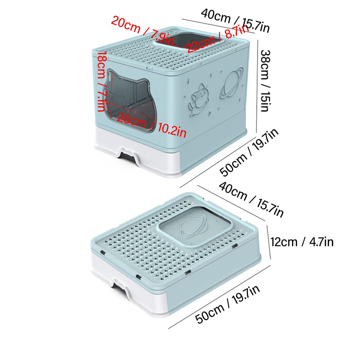 Enclosed Cat Litter Box Top Entry Foldable with Lid Blue W2969