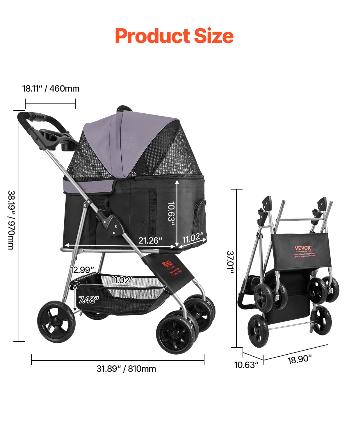 Foldable 4 Wheels Pet Stroller with Detachable Carrier L24536