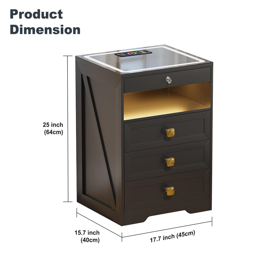 Black Glass Top LED Nightstand with Wireless Charger T567300