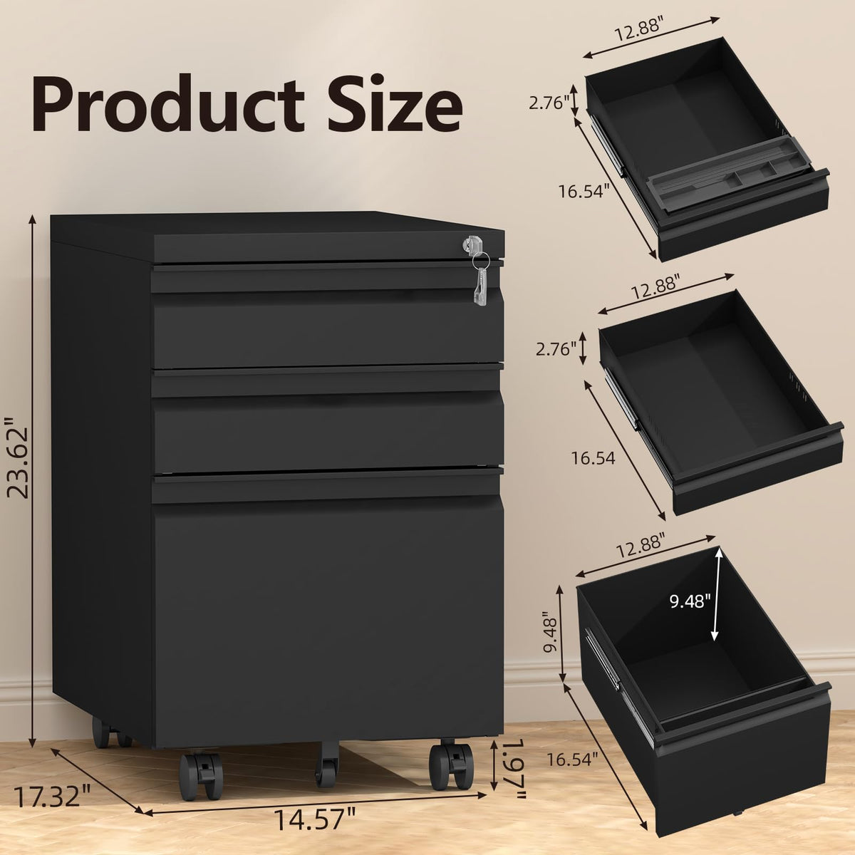 Black 3 Drawer Metal File Cabinet with Lock Q557