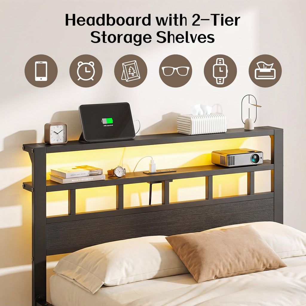Full Size Bed Frame with Charging Station and LED W100858