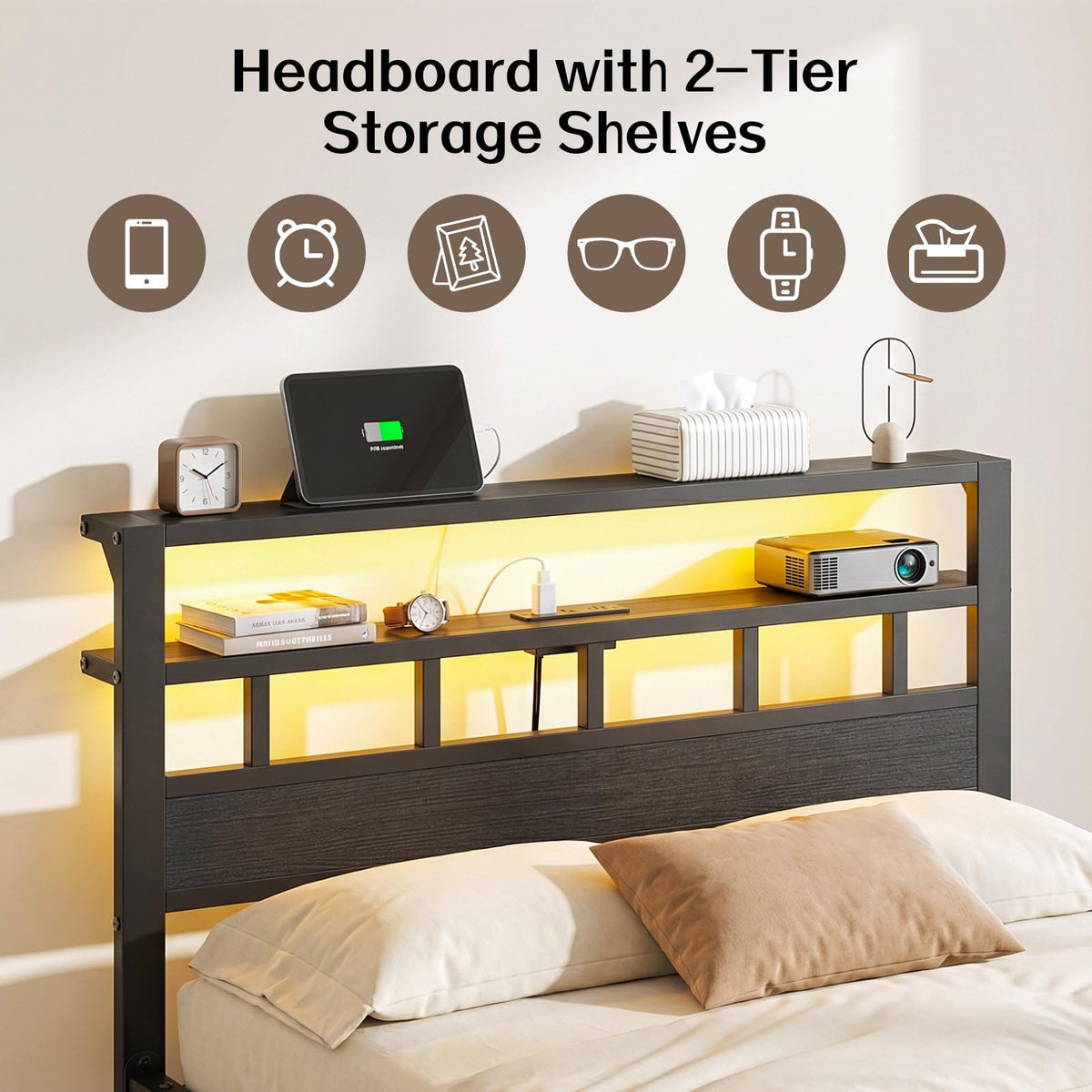 Full Size Bed Frame with Charging Station and LED W100858