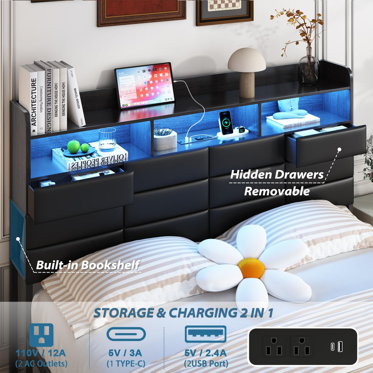 Black Upholstered Bed Frame with Storage Headboard, 4 Drawers, LED Lights, and Charging Station M9086