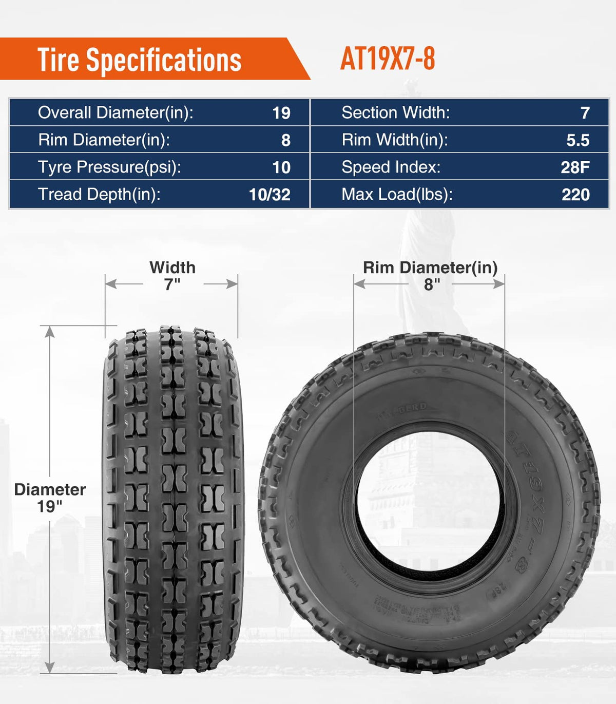19x7-8 ATV Tires Set of 2 Tubeless All Terrain Q228497
