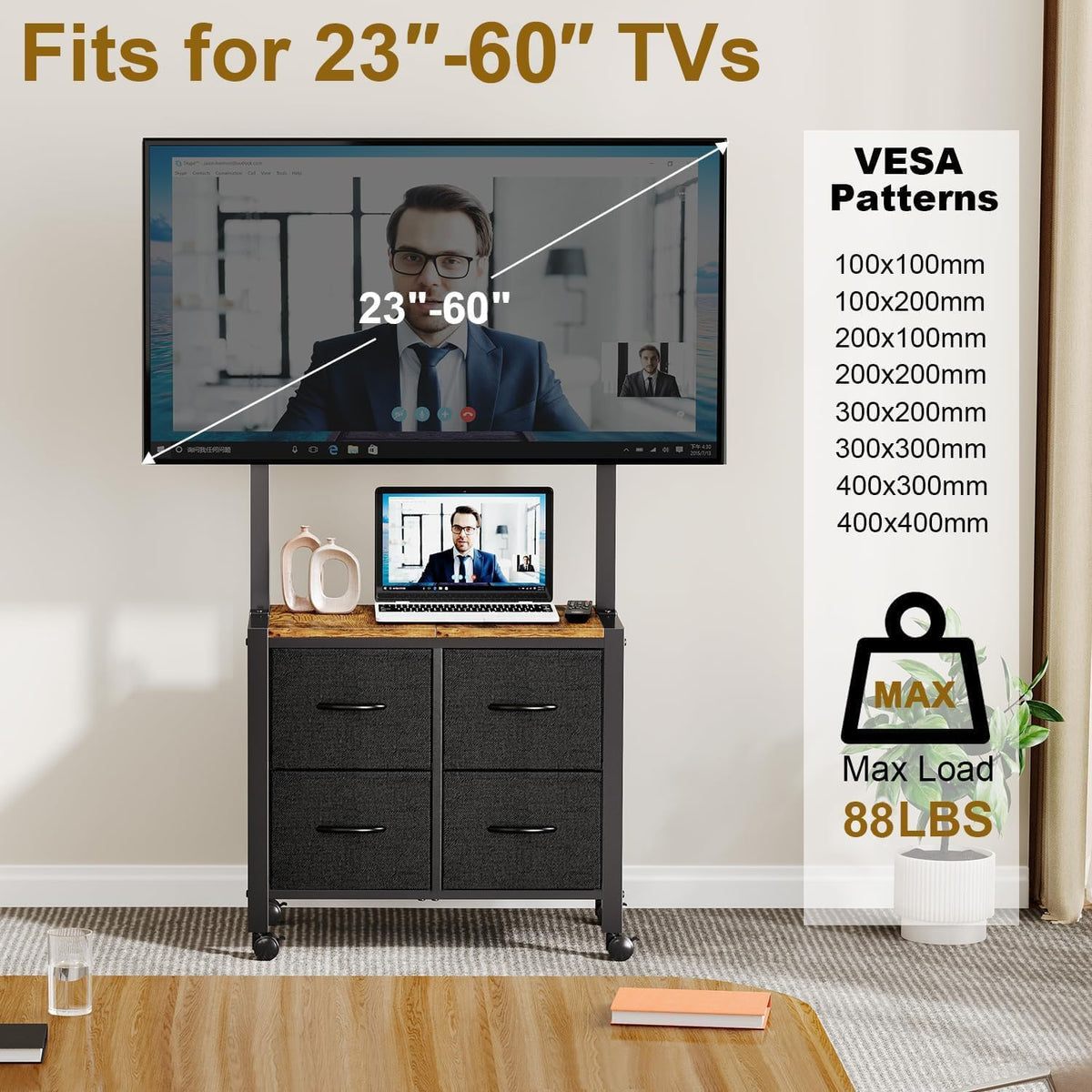 Mobile TV Cart Rolling TV Stand with 4 Drawer for 23-60 inch Screens J575490