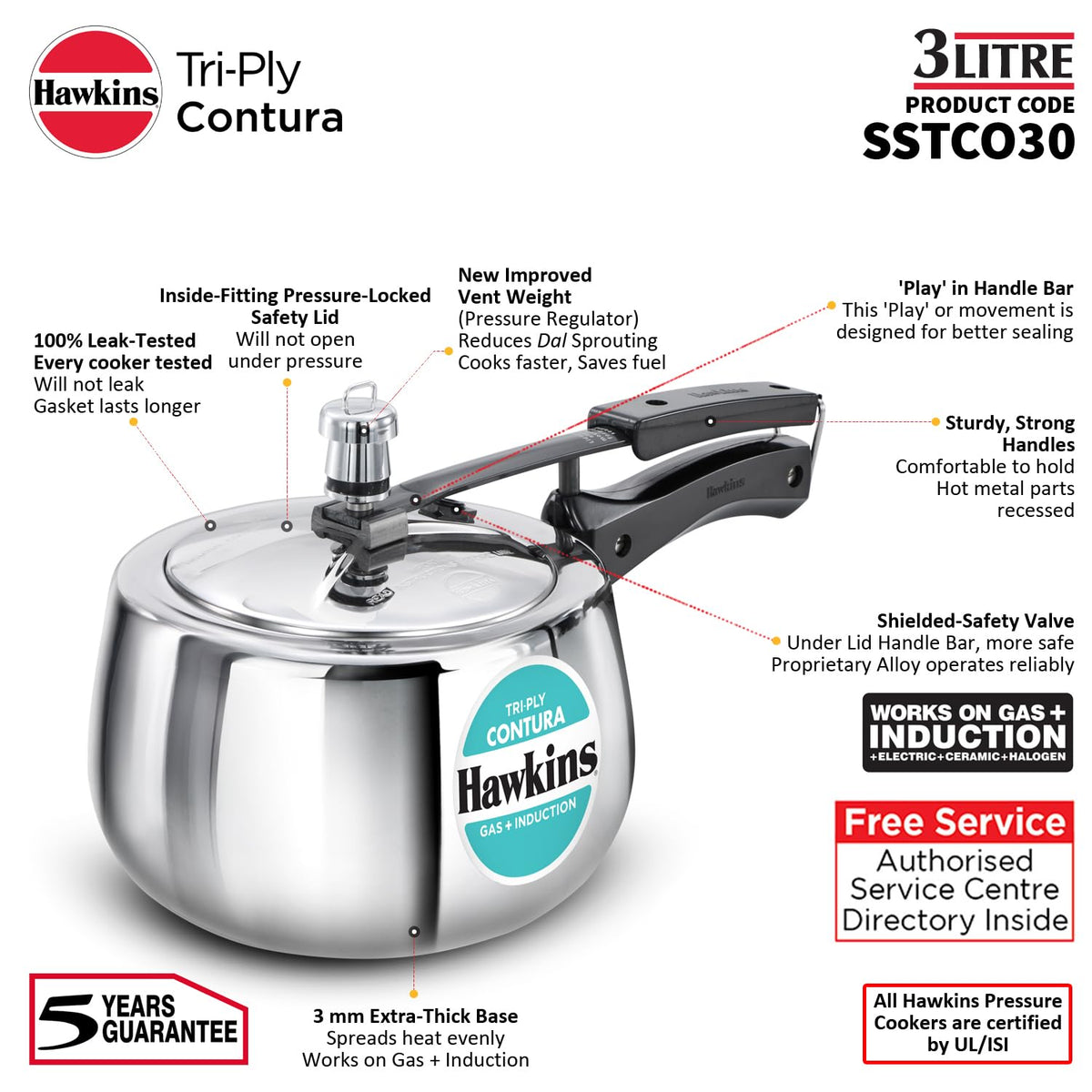 3 Litre Triply Stainless Steel Pressure Cooker V61262