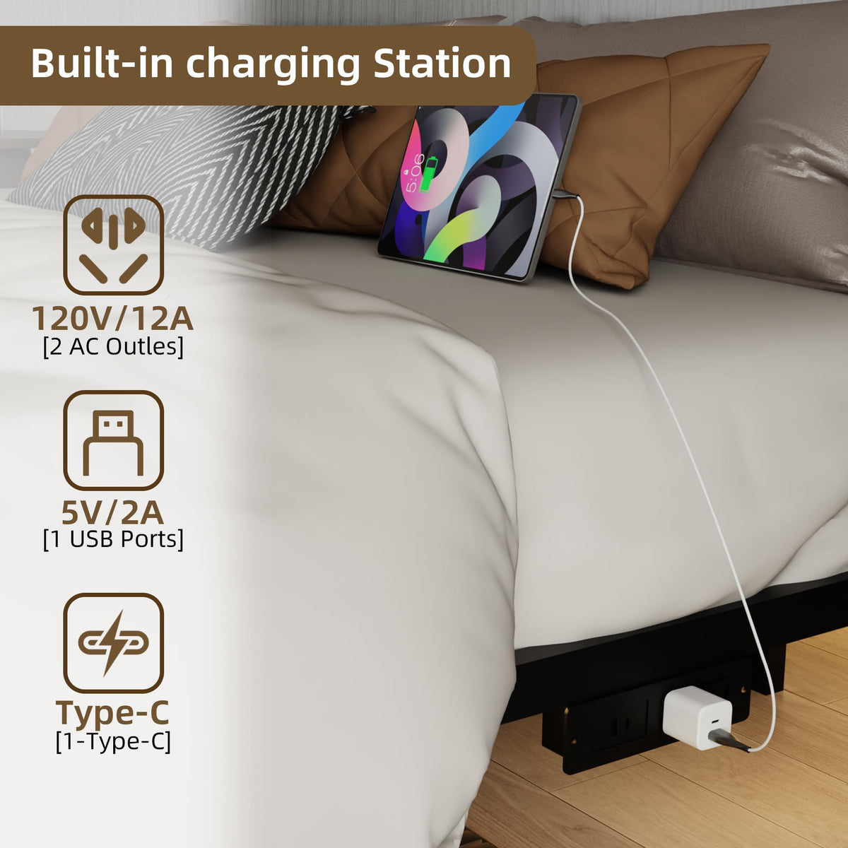 King Size Metal Platform Bed Frame with Charging Station and LED Lights U791