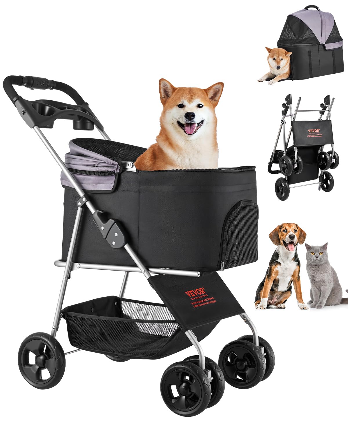 Foldable 4 Wheels Pet Stroller with Detachable Carrier L24536