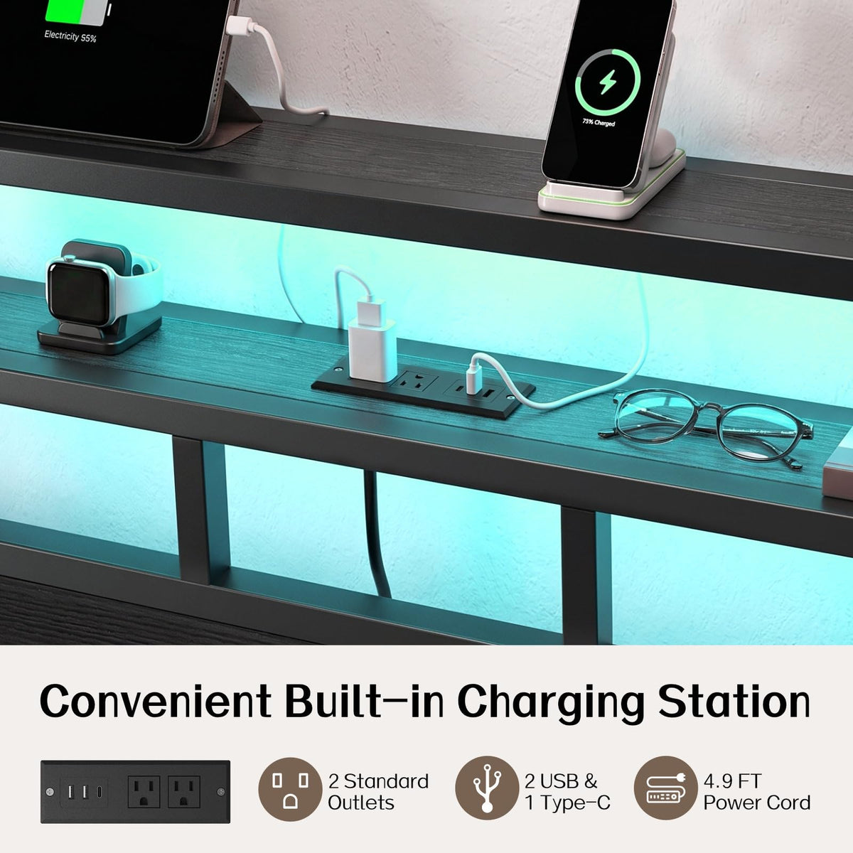 Full Size Bed Frame with Charging Station and LED W100858