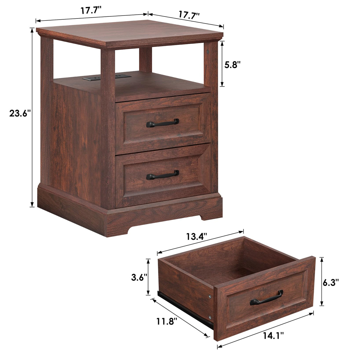 18'' Wood Nightstand with Charging Station K6617