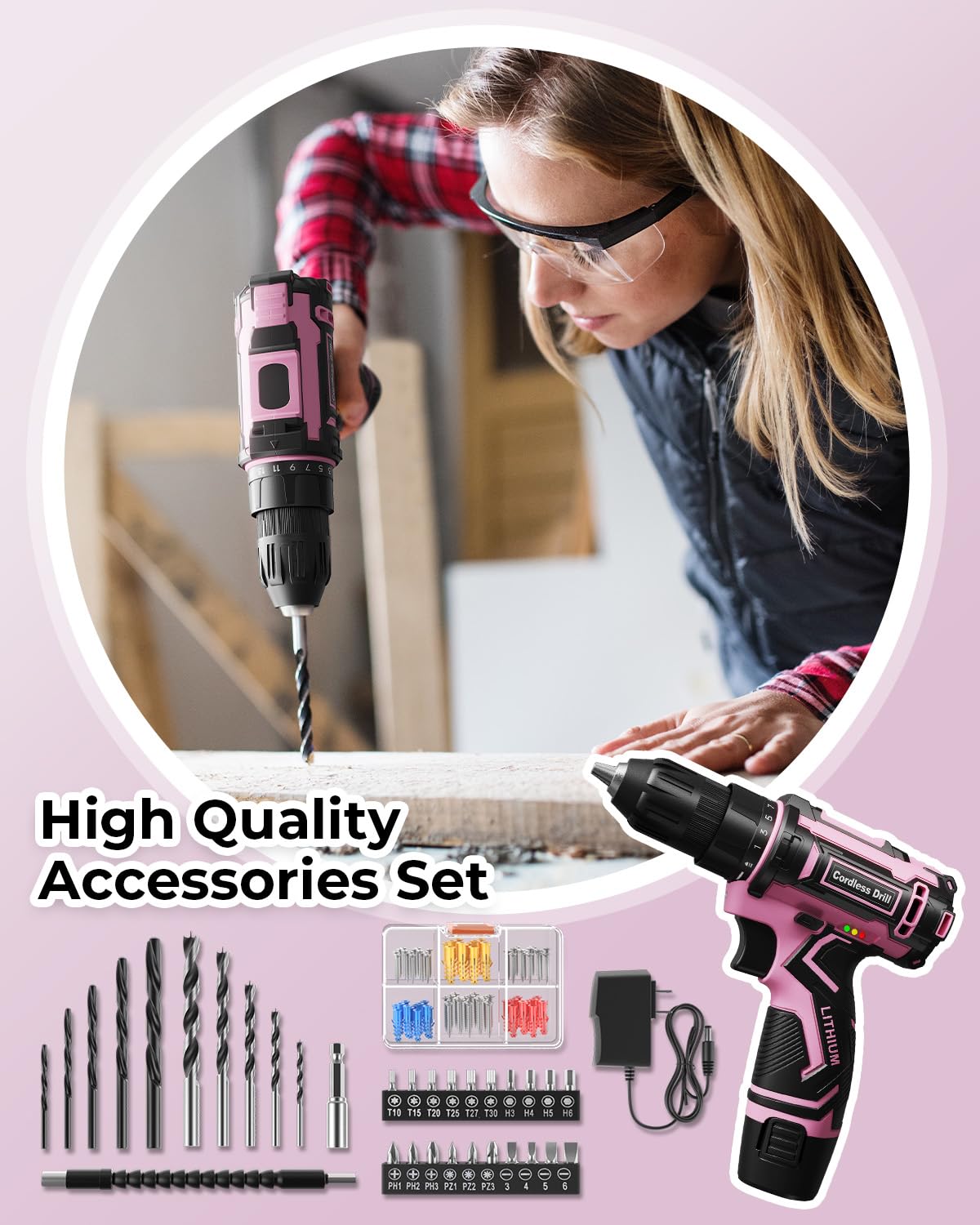 Pink Cordless Drill Set with Battery & Charger J49135