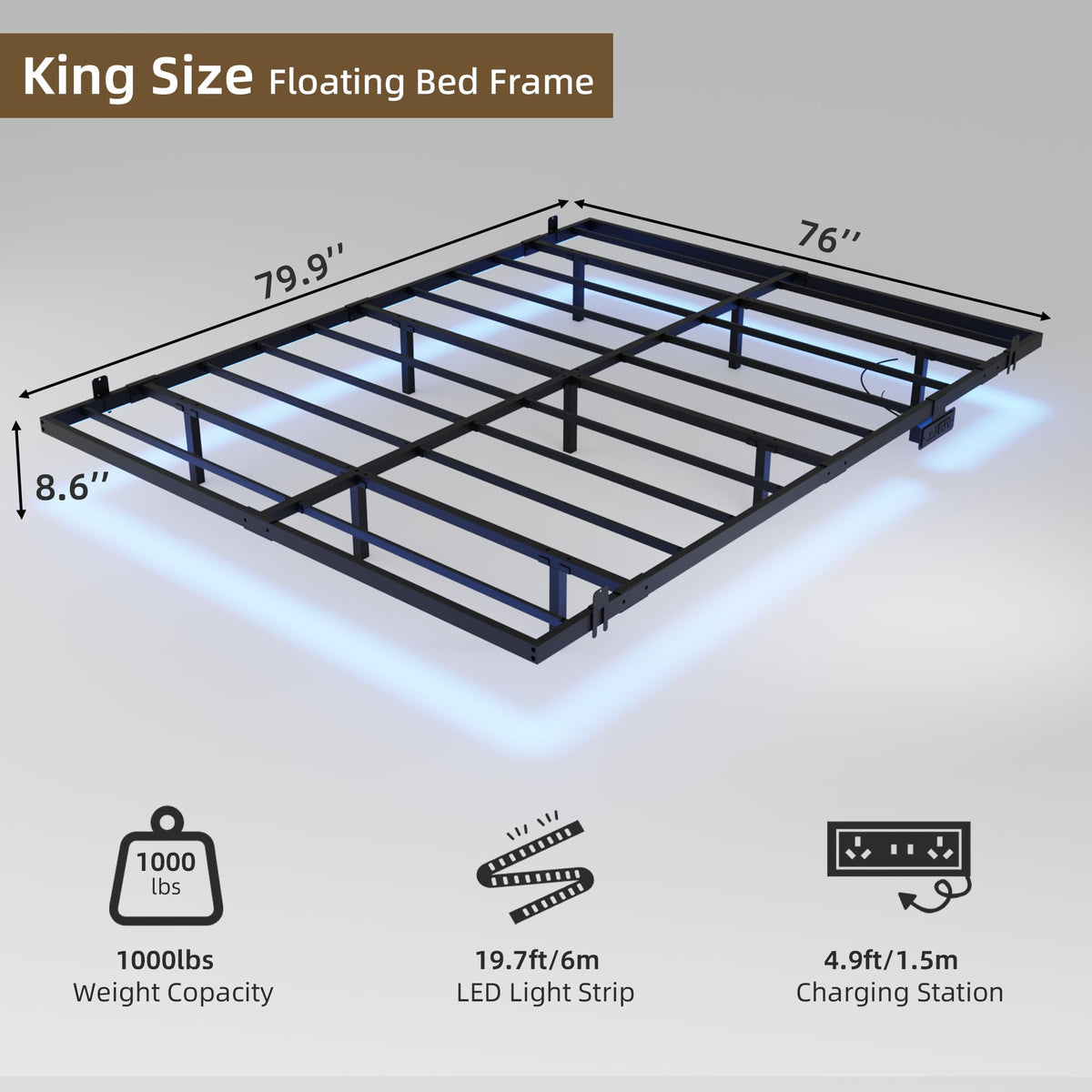 King Size Metal Platform Bed Frame with Charging Station and LED Lights U791