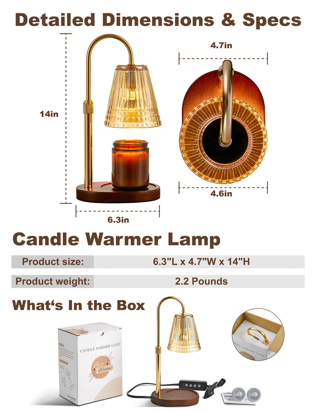 Candle Warmer Lamp with Dimmer & Timer, Adjustable Height, Amber-gold P383599