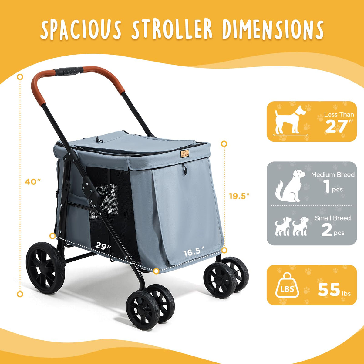 Heavy Duty Foldable Pet Stroller with All-Terrain Wheels, 55 lbs Capacity, Grey G8788