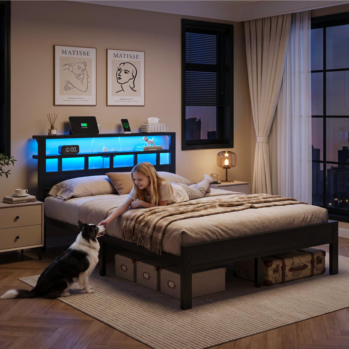 Full Size Bed Frame with Charging Station and LED W100858