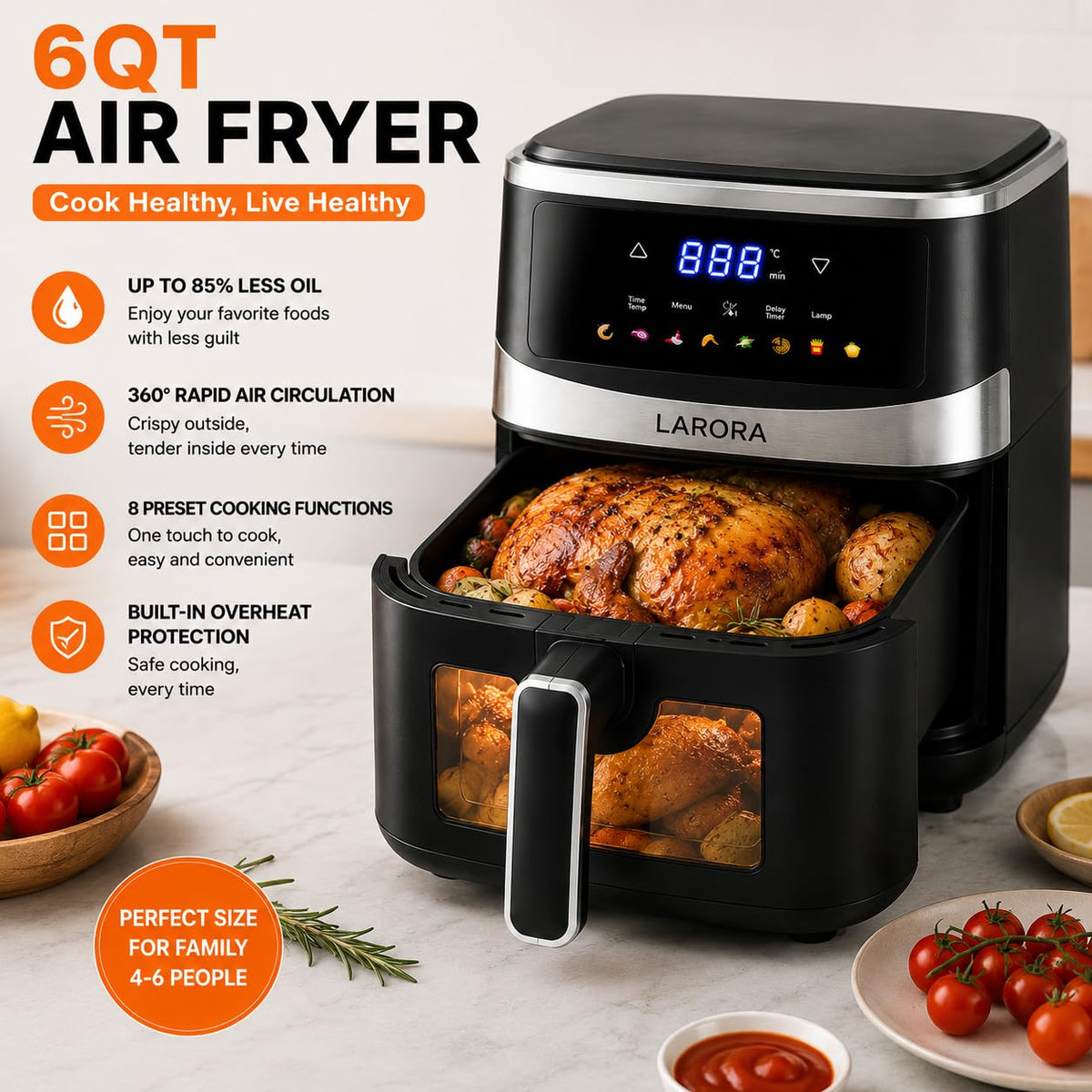 6 QT Family Size Air Fryer with Visible Cooking Window L575