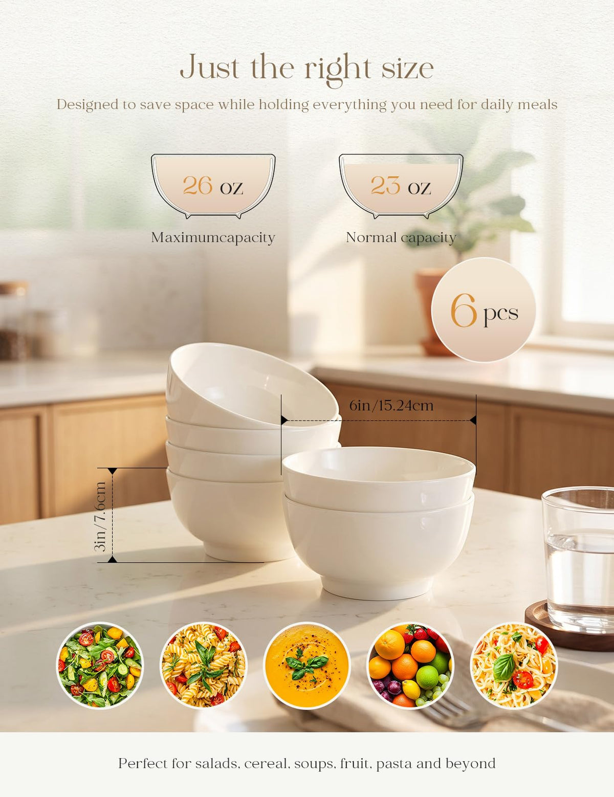 Porcelain Soup Bowls Set of 6, 26 oz White Ceramic Bowls Y487