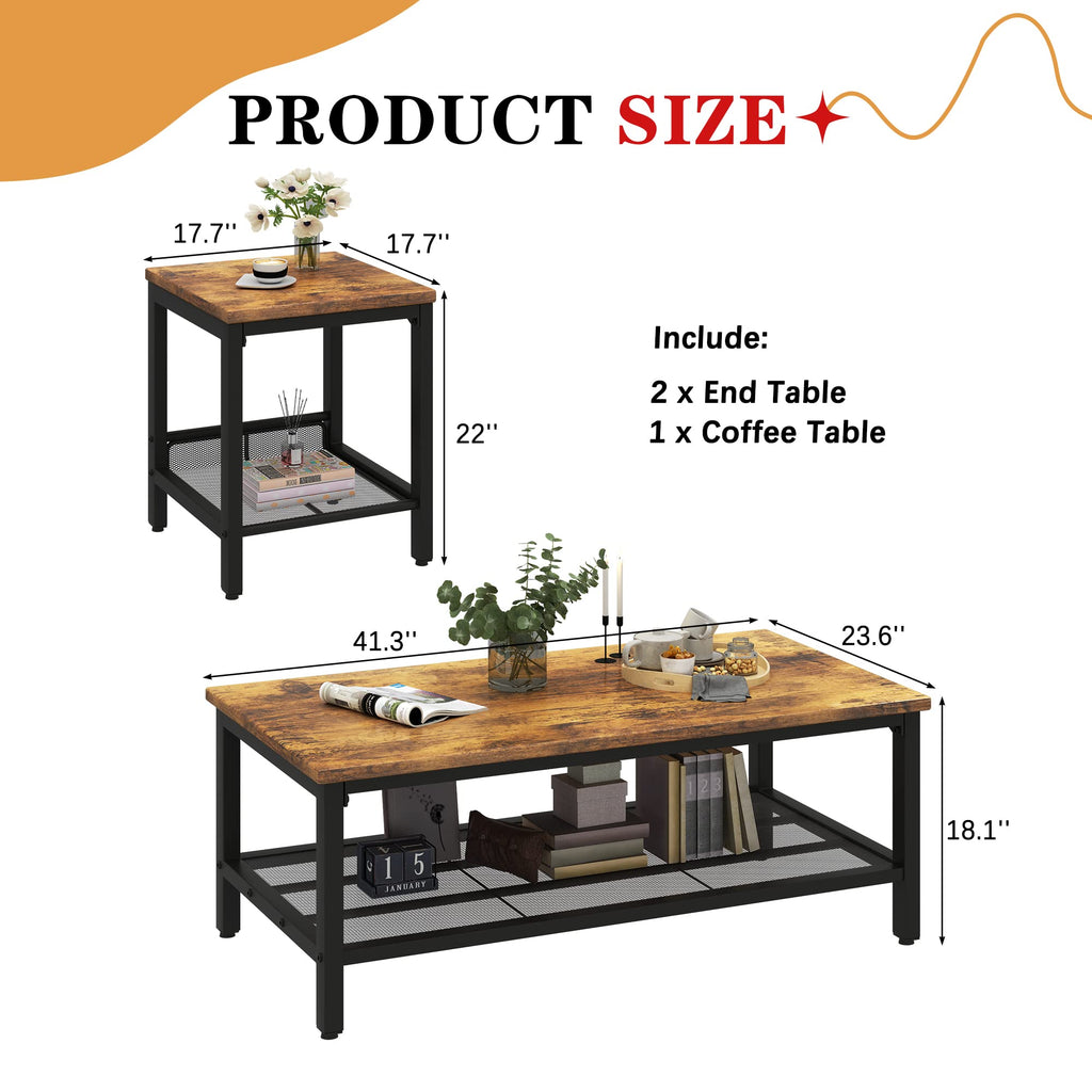 3 Pieces Coffee Table Set with 2 End Side Tables D4459