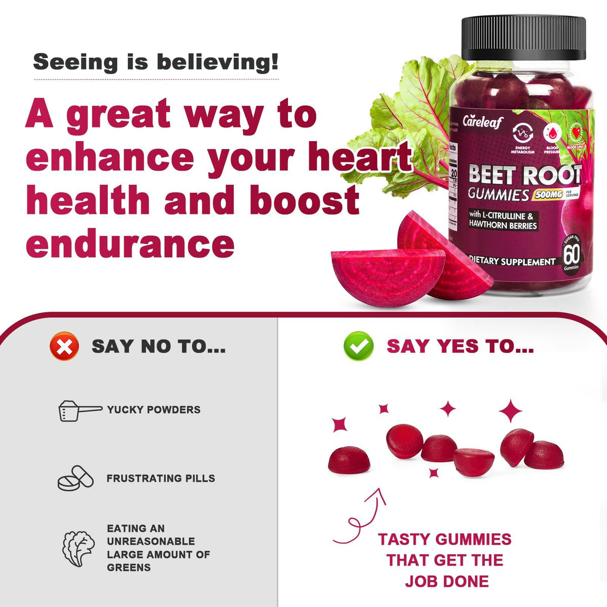 Sugar-Free Vegan Beet Root Gummies with L-Citrulline & Hawthorn Extract, 60 Count B232072