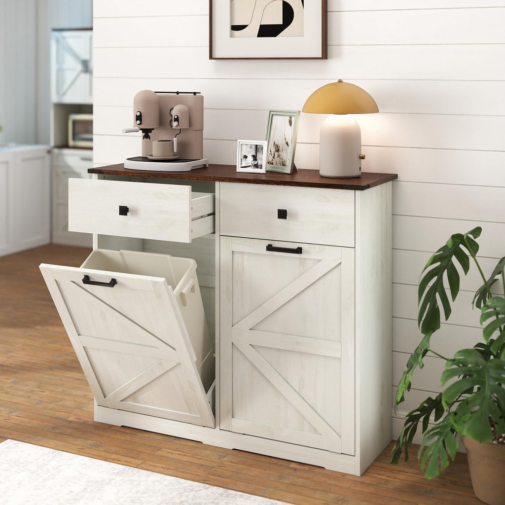 White 20 Gallon Wooden Tilt Out Trash Cabinet V93399