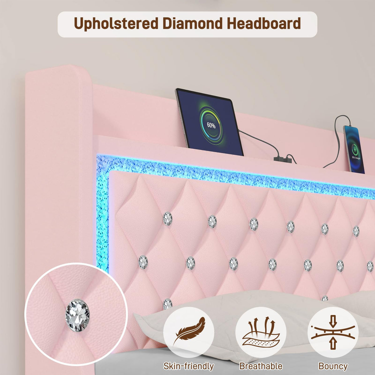 Pink Upholstered Full Size Bed Frame with Storage Headboard and 2 Drawers P901102