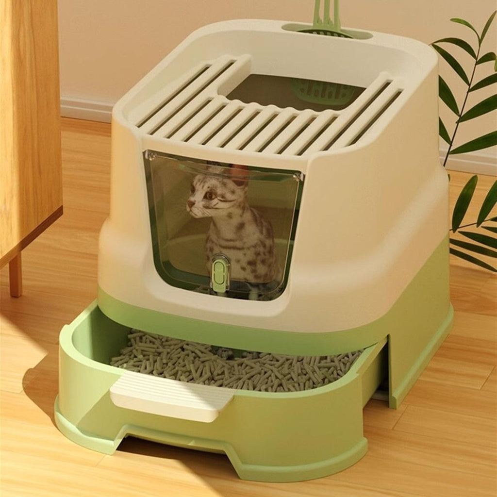 Cat Litter Box with Lid, Top Entry with Scoop, Enclosed Plastic with Drawer Z6998