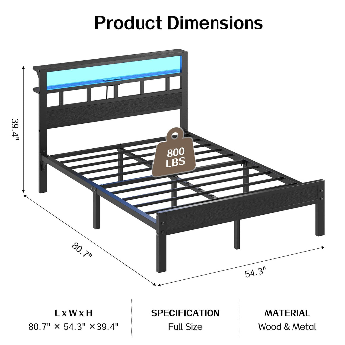 Full Size Bed Frame with Charging Station and LED W100858