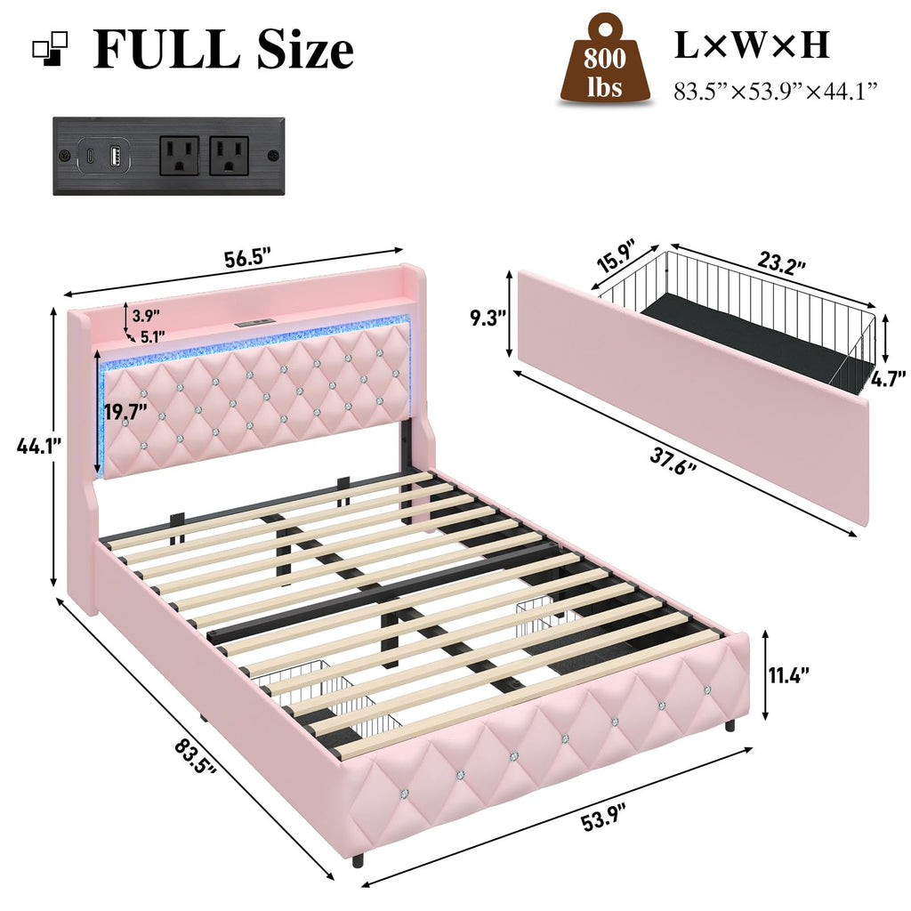 Pink Upholstered Full Size Bed Frame with Storage Headboard and 2 Drawers P901102