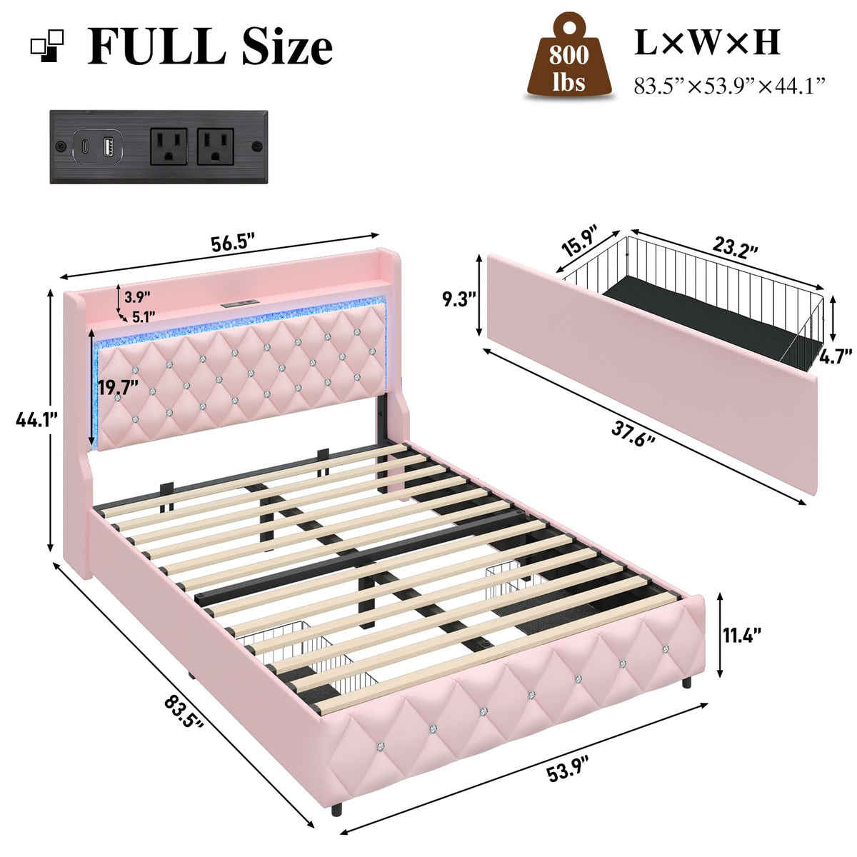 Pink Upholstered Full Size Bed Frame with Storage Headboard and 2 Drawers P901102