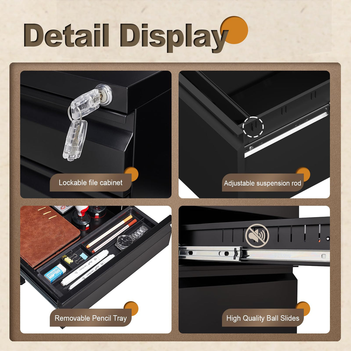 Black 3 Drawer Metal File Cabinet with Lock Q557