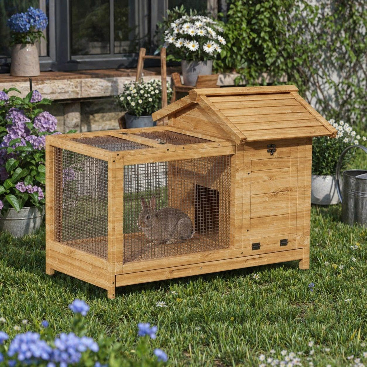 2-Story Wooden Rabbit Hutch & Chicken Coop on Wheels I10775