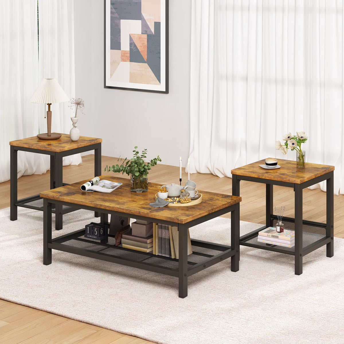 3 Pieces Coffee Table Set with 2 End Side Tables D4459