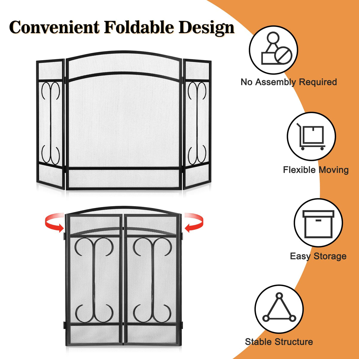Heavy Duty 3 Panel Wrought Iron Fireplace Screen C2658
