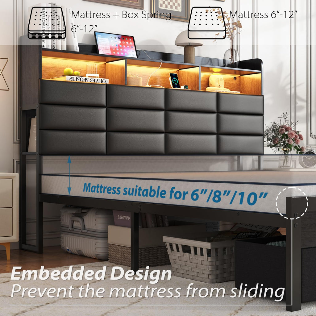 Black Upholstered Bed Frame with Storage Headboard, 4 Drawers, LED Lights, and Charging Station M9086