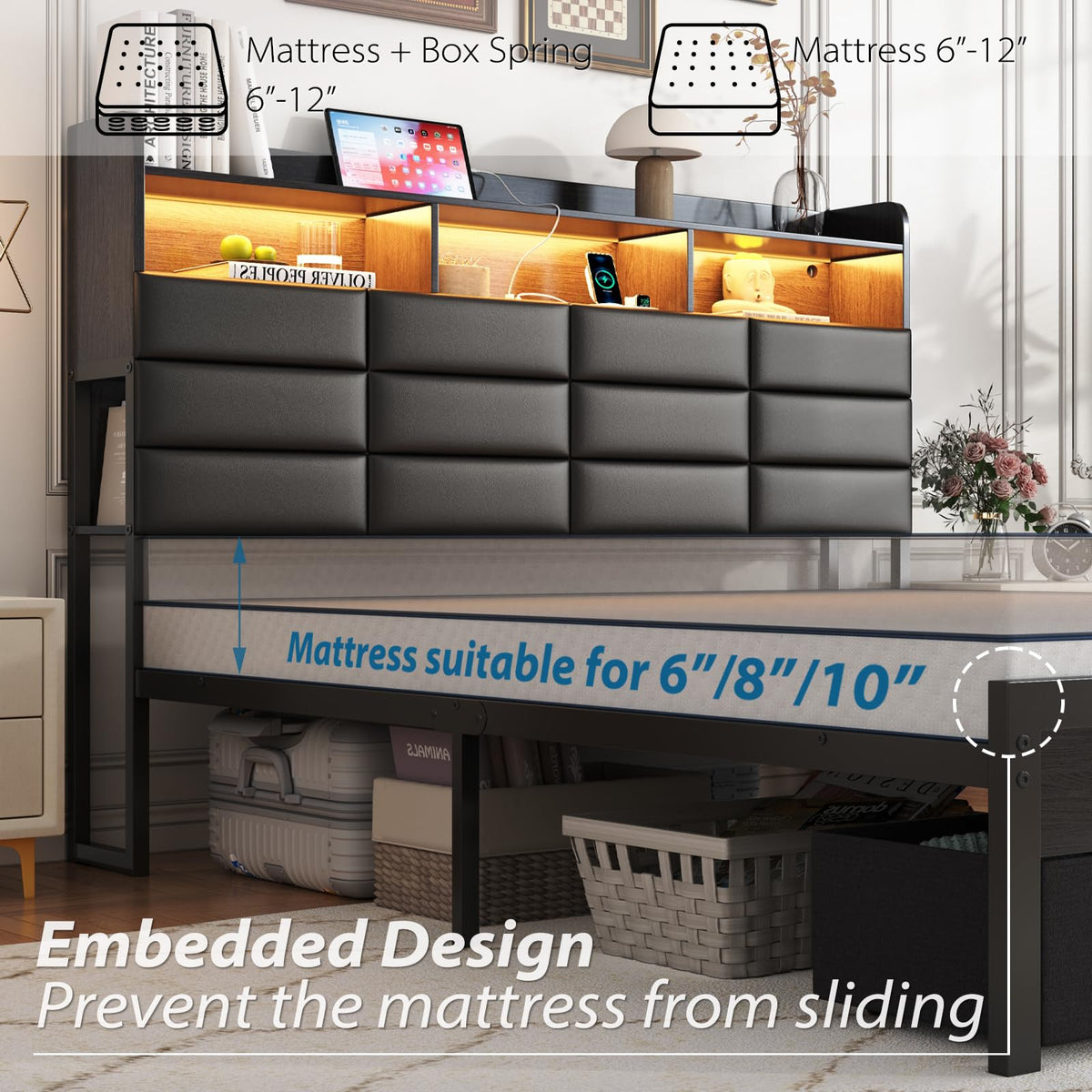 Black Upholstered Bed Frame with Storage Headboard, 4 Drawers, LED Lights, and Charging Station M9086