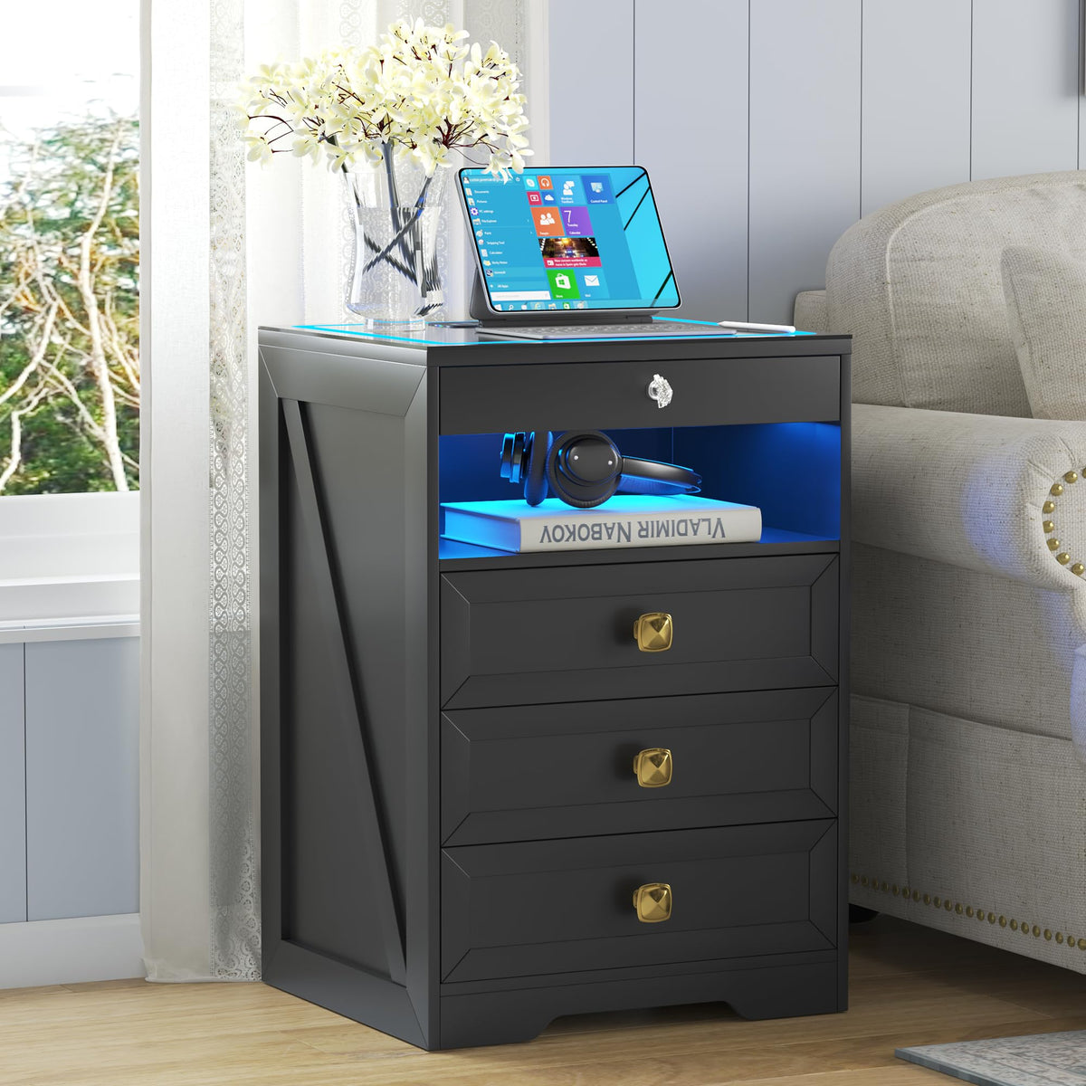 Black Glass Top LED Nightstand with Wireless Charger T567300
