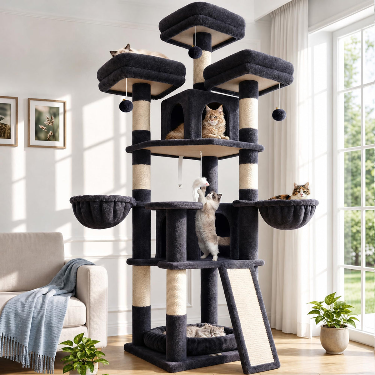 70 Inch Dark Gray Cat Tree with Scratching Post U602932