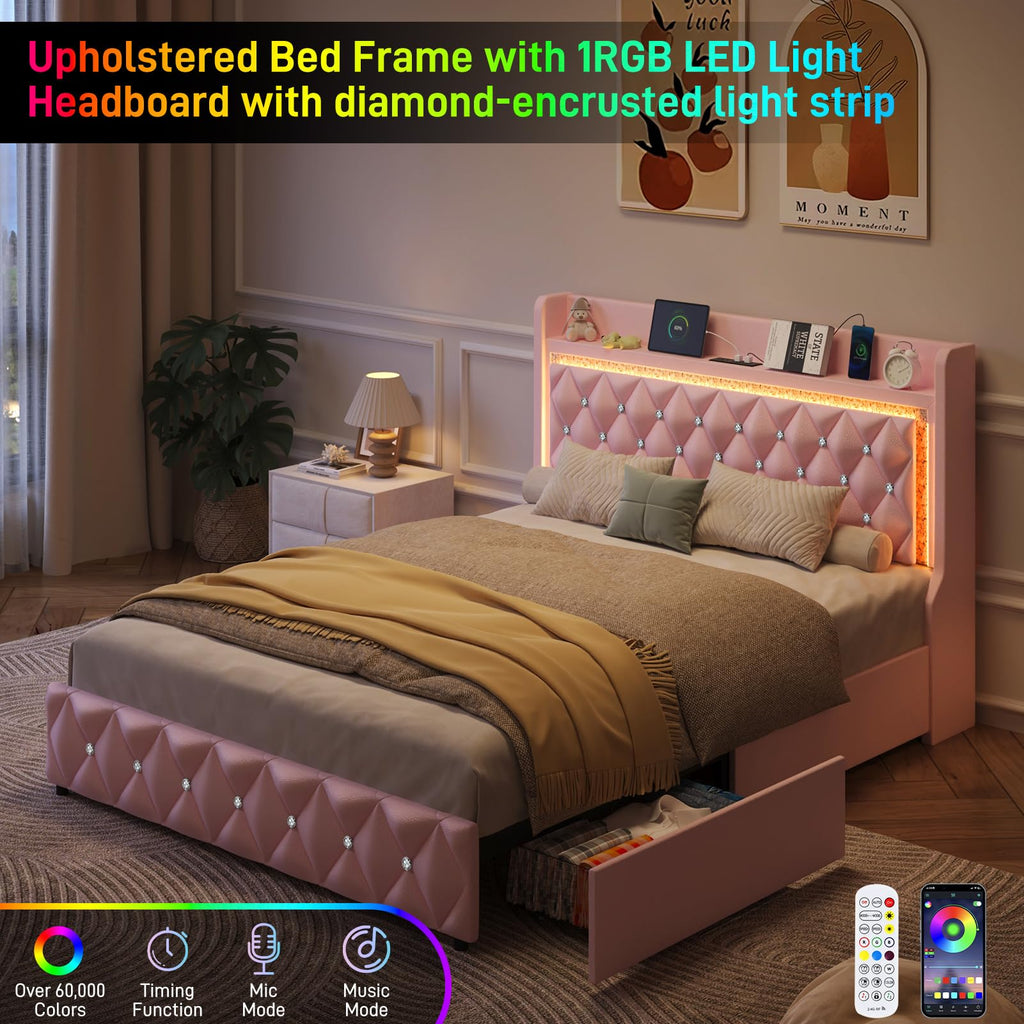 Pink Upholstered Full Size Bed Frame with Storage Headboard and 2 Drawers P901102