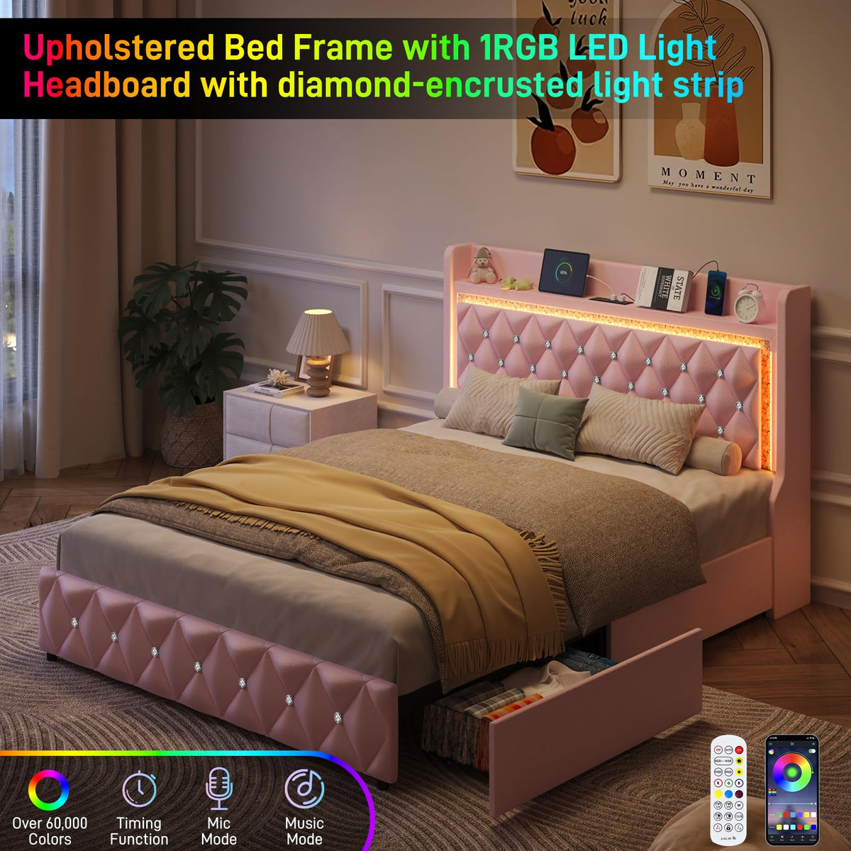 Pink Upholstered Full Size Bed Frame with Storage Headboard and 2 Drawers P901102