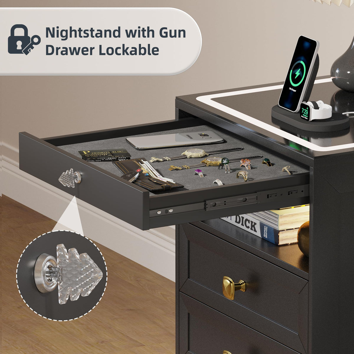 Black Glass Top LED Nightstand with Wireless Charger T567300