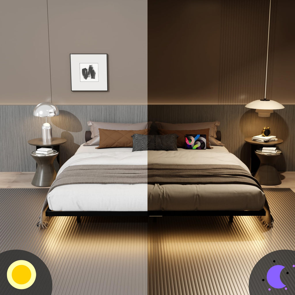 King Size Metal Platform Bed Frame with Charging Station and LED Lights U791