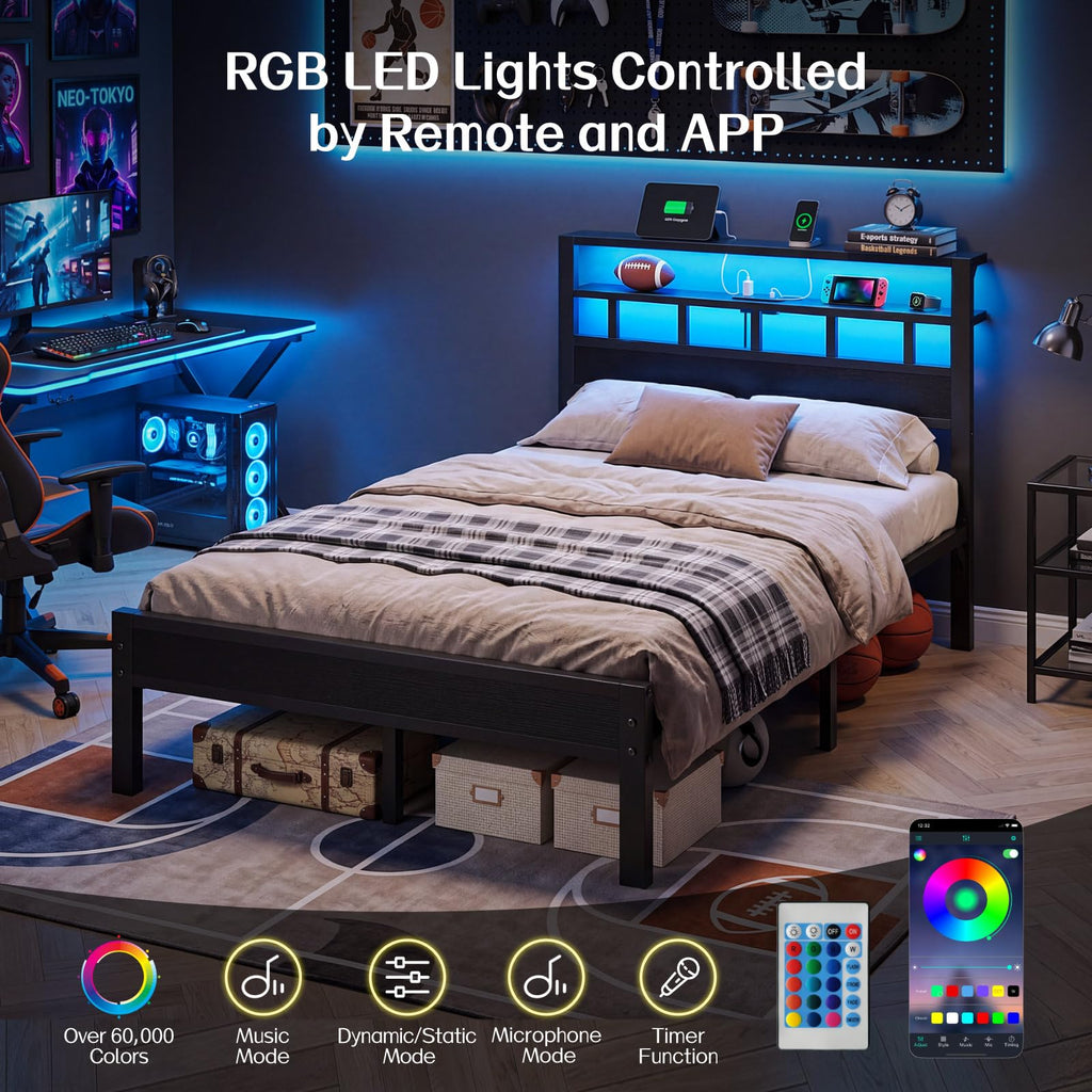 Full Size Bed Frame with Charging Station and LED W100858
