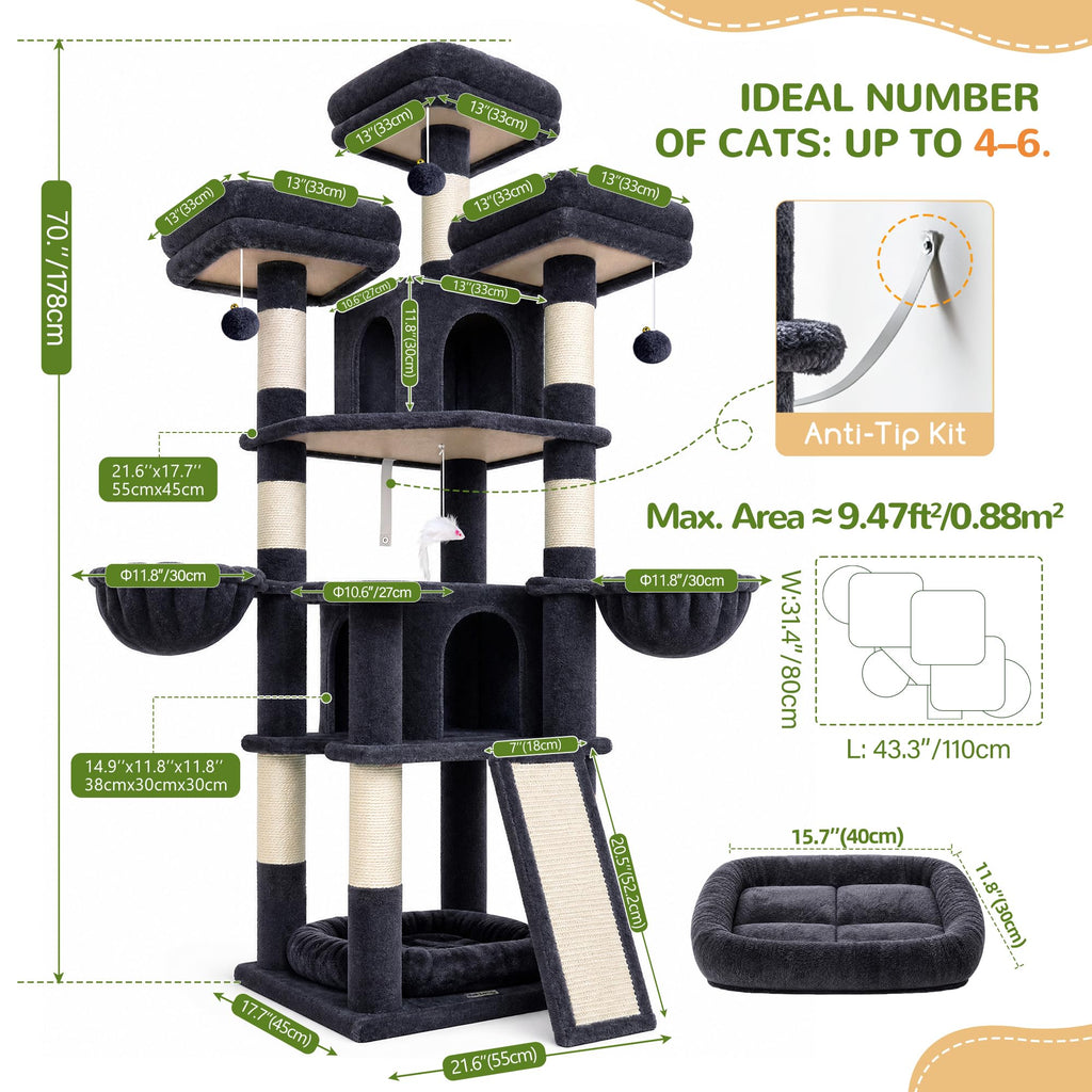 70 Inch Dark Gray Cat Tree with Scratching Post U602932