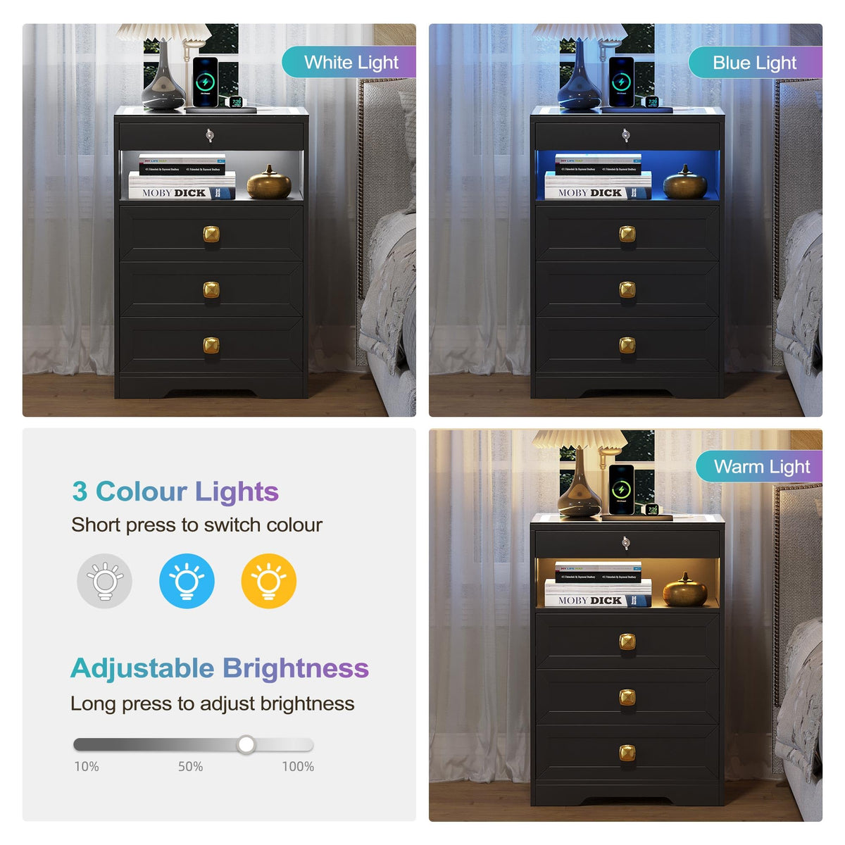 Black Glass Top LED Nightstand with Wireless Charger T567300