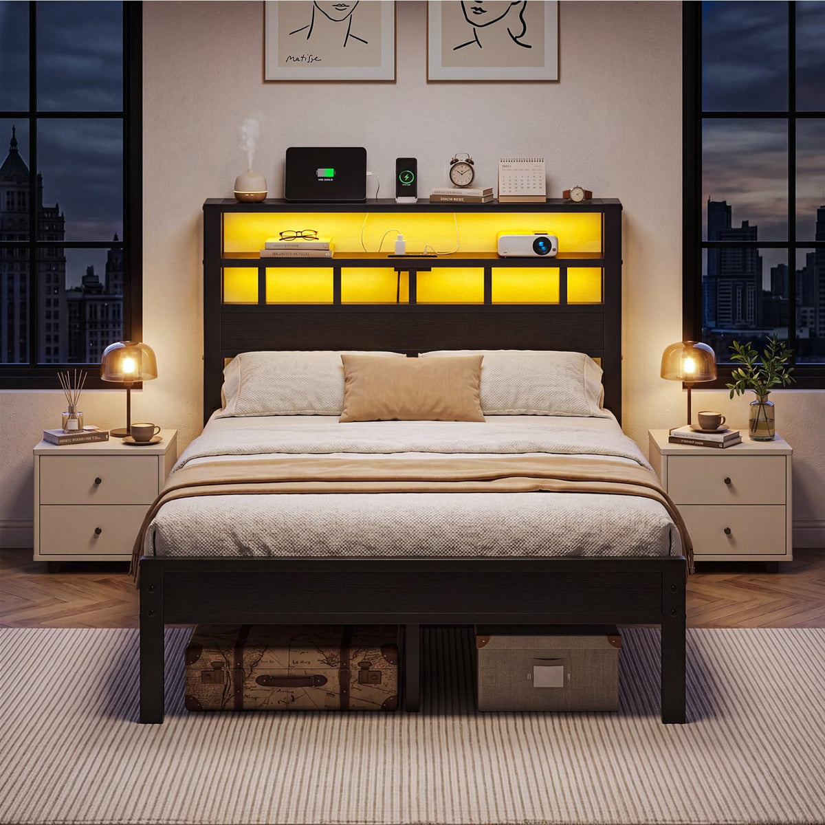 Full Size Bed Frame with Charging Station and LED W100858