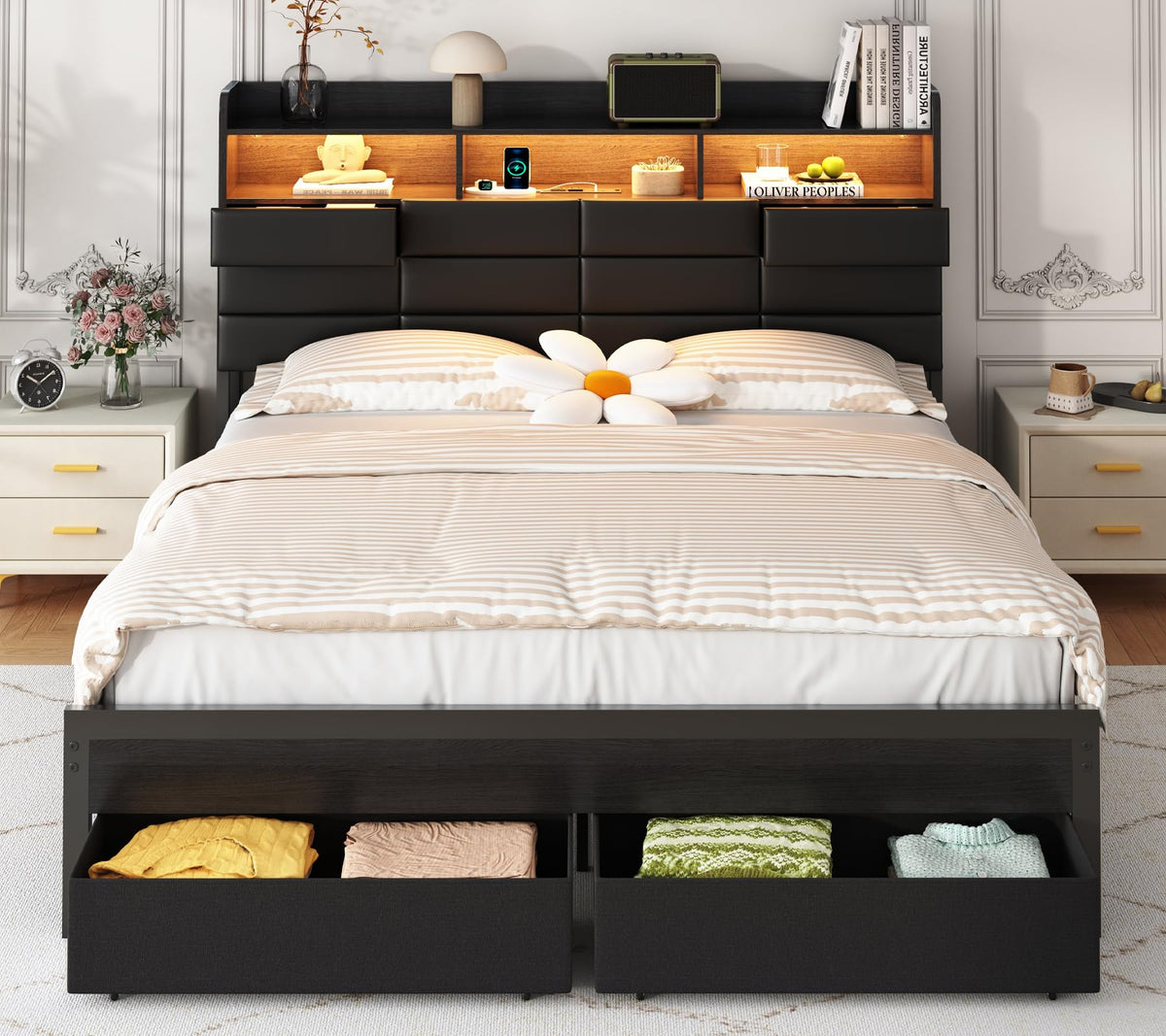 Black Upholstered Bed Frame with Storage Headboard, 4 Drawers, LED Lights, and Charging Station M9086